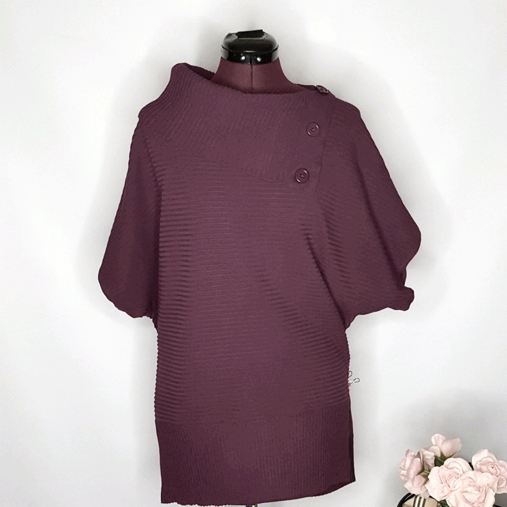 Cable & Gauge ribbed pullover tunic top silk blend button cowl neck womens lg